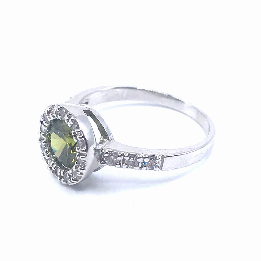 Rhodium Plated Sterling Silver Green Circle Stone Ring Ethereal Mood Stylish Fashion