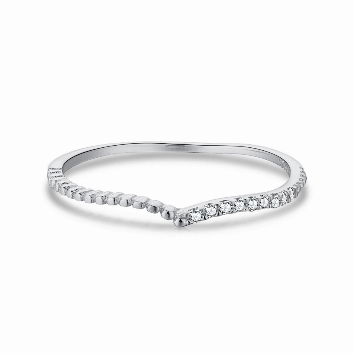 Daily Match Sterling Silver V Shaped Half Micropave Stacking Ring