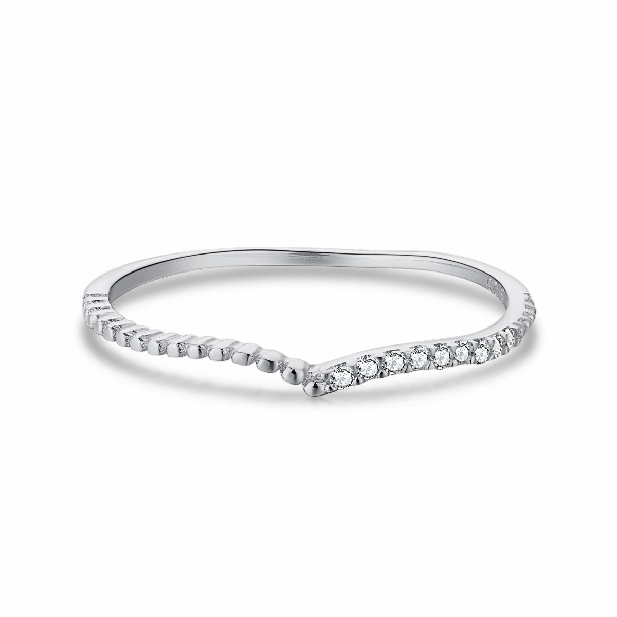 Modern Classic Polished Charm Sterling Silver V Shaped Half Micropave Stacking Ring