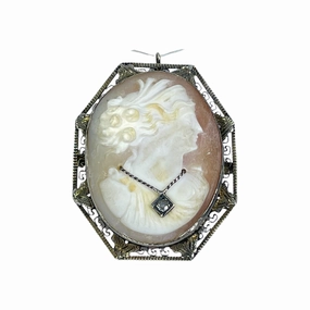 Victorian Cameo Pendant or Brooch with Large Carved Carnelian Shell Lady with Diamond Necklace. Alluring piece