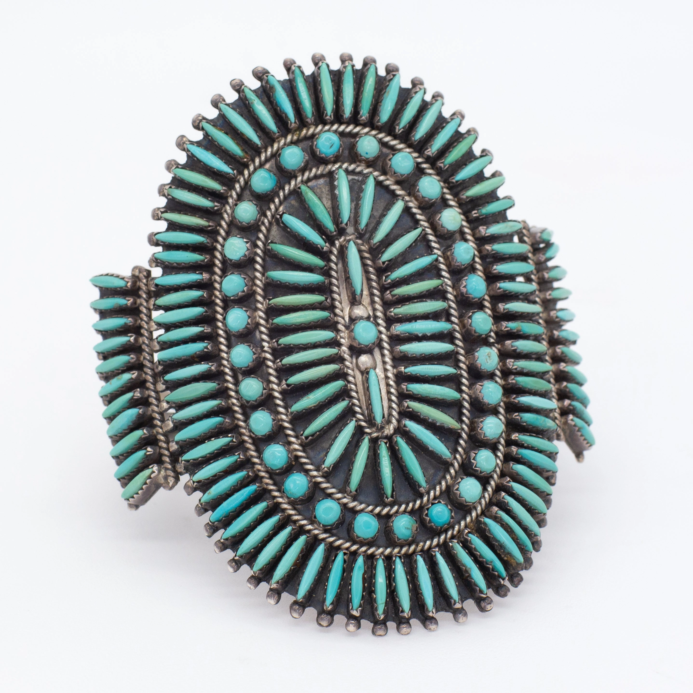 Nathaniel & Rosemary Nez Navajo Handmade Sterling Silver Turquoise Needlepoint Cuff Bracelet Layered Fit