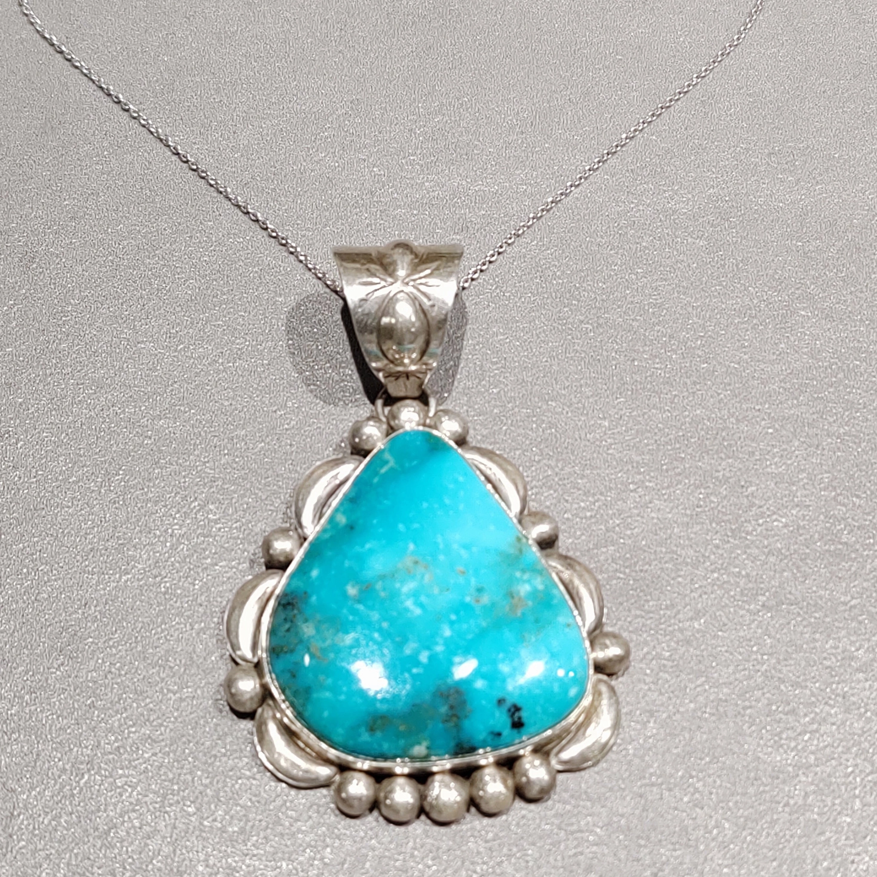 M. Spencer Navajo Sterling Silver Turquoise Pendant Sterling Chain - Handmade Native American Vibrant Craftwork Polished Highlight