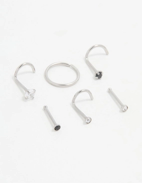 Surgical Steel Black Cubic Zirconia Nose Ring & Stud 6-Pack Evening Glow