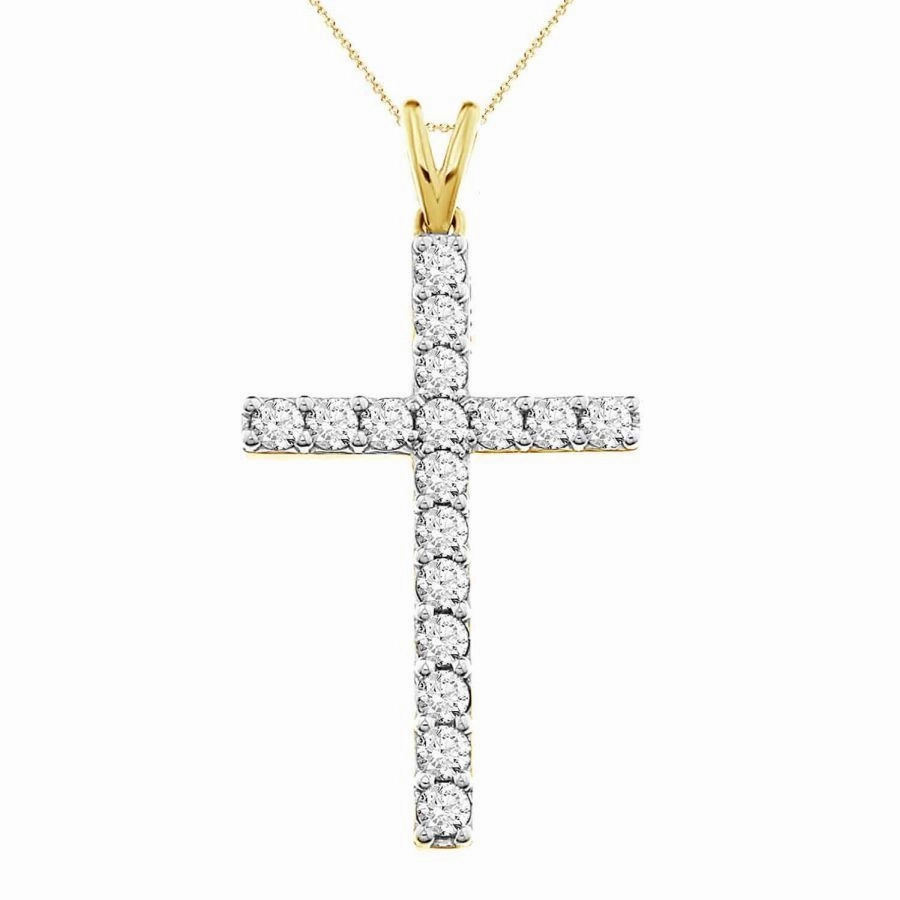 LADIES CROSS PENDANT WITH CHAIN 1.00CT ROUND DIAMOND 14K YELLOW GOLD (SI QUALITY) Masculine Bold Weekend Vibe