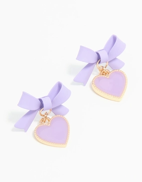 Event Favorite Gold Light Purple Coated Metal Bow Heart Drop Stud Earrings