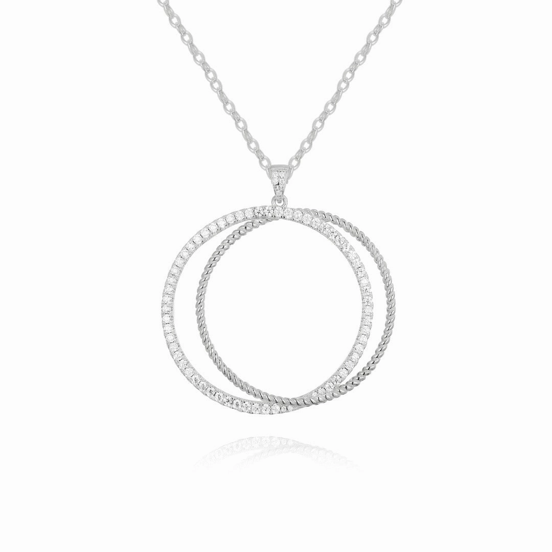 Sterling Silver Interlocking Circles With CZ's Pendant Necklace Modern Fit