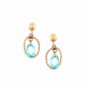 Glow Layer 14k Gold Open Oval With Center Blue CZ Teardrop On Screwback Post Earring