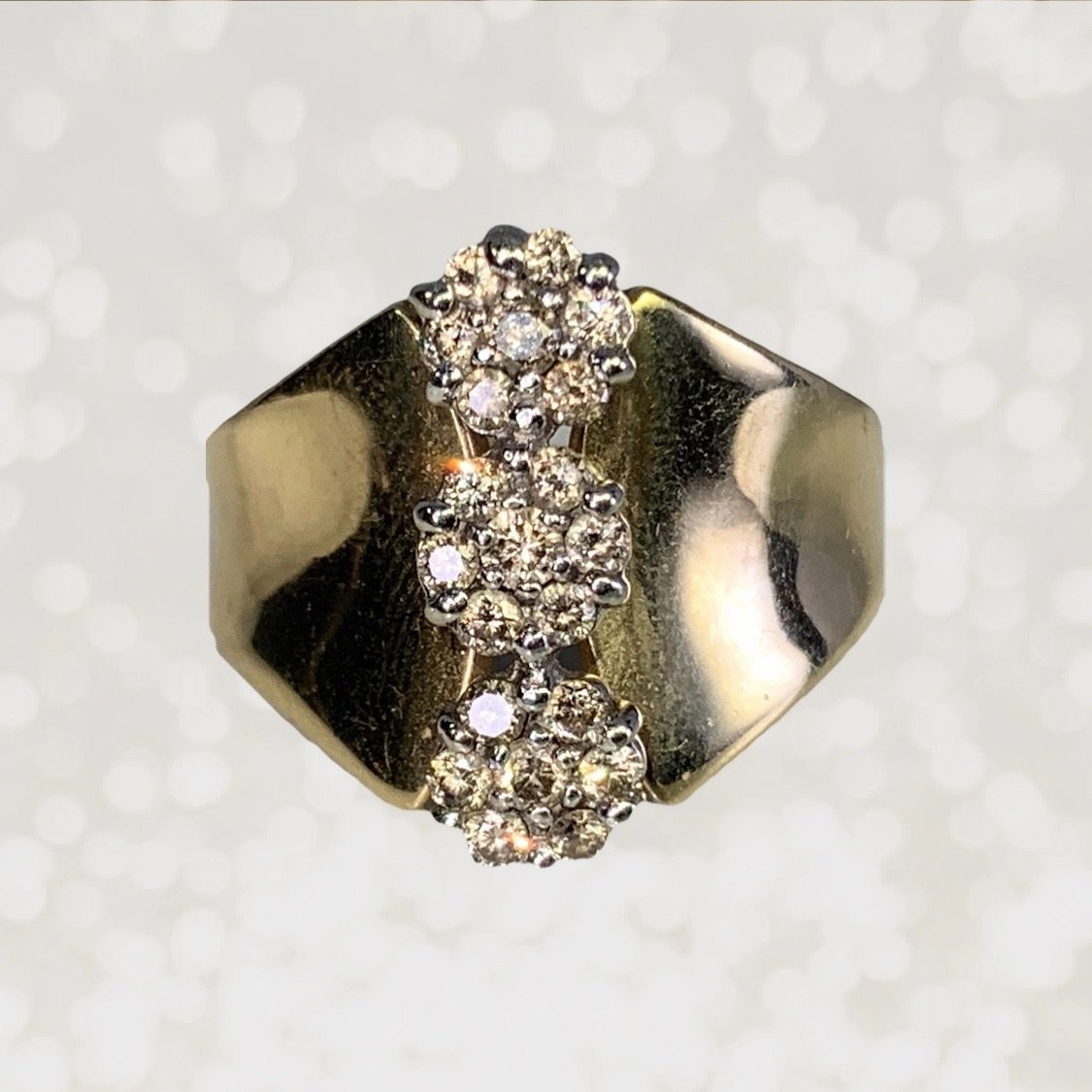 1970s Vintage Diamond Cluster Statement Ring in a 10K Yellow Gold Setting. Estate Jewelry. Exclusive Sparkle