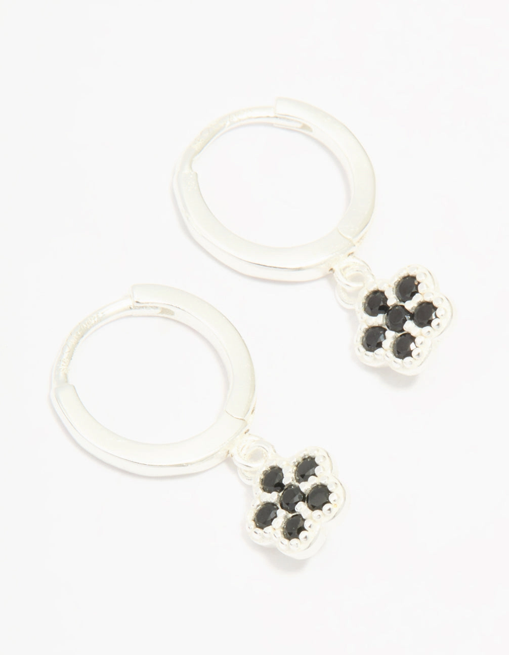 Modern Contour Sterling Silver Black Cubic Zirconia Flower Huggie Earrings