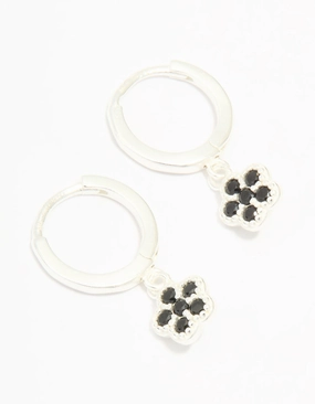 Modern Contour Sterling Silver Black Cubic Zirconia Flower Huggie Earrings