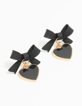 Gold Black Coated Metal Bow Drop Heart Stud Earrings Simple Form Exclusive Treasures