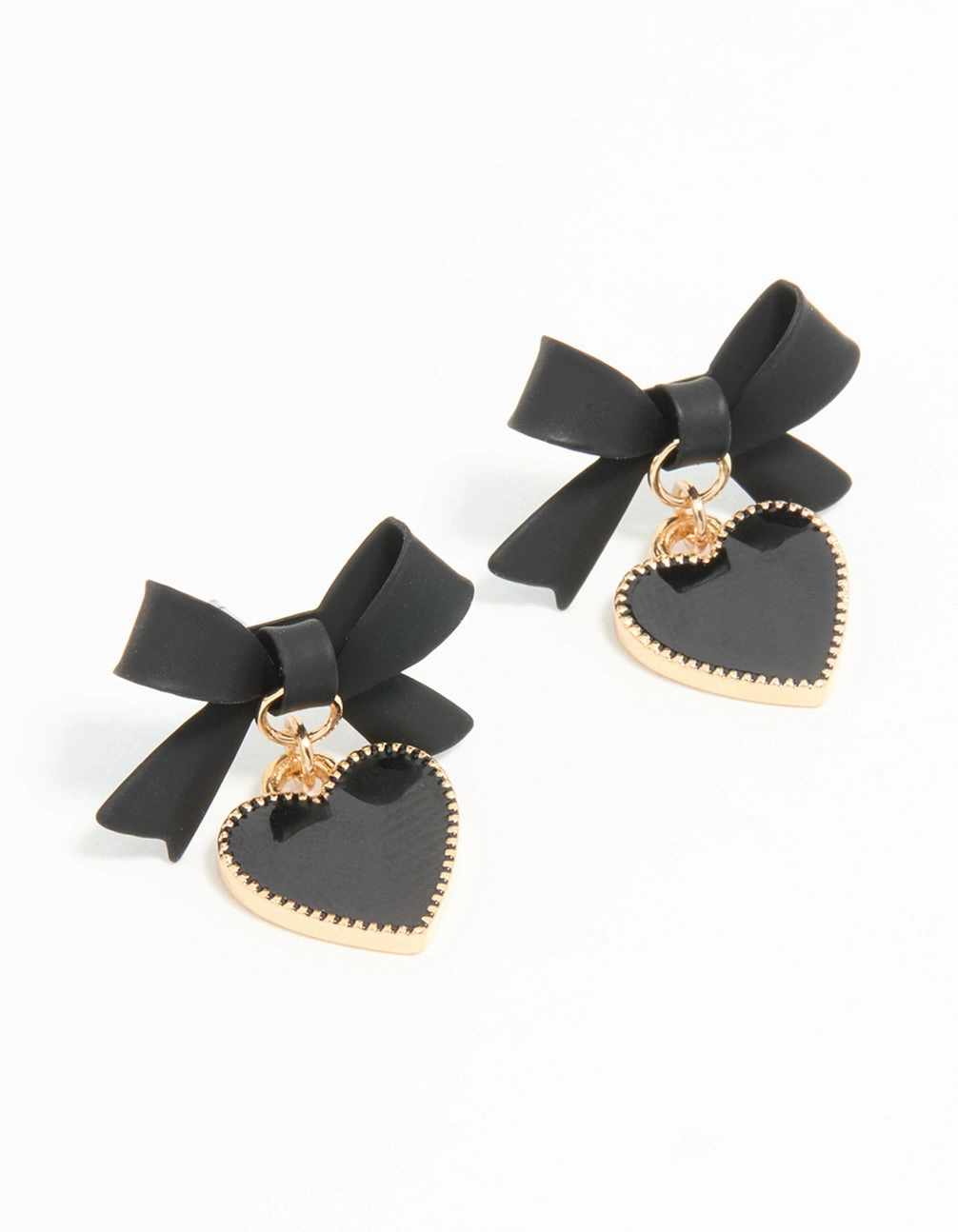 Gold Black Coated Metal Bow Drop Heart Stud Earrings Simple Form Exclusive Treasures