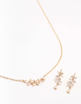Gold Dainty Sparkle Flower Earrings & Necklace Set Graceful Touch Gleaming Finish