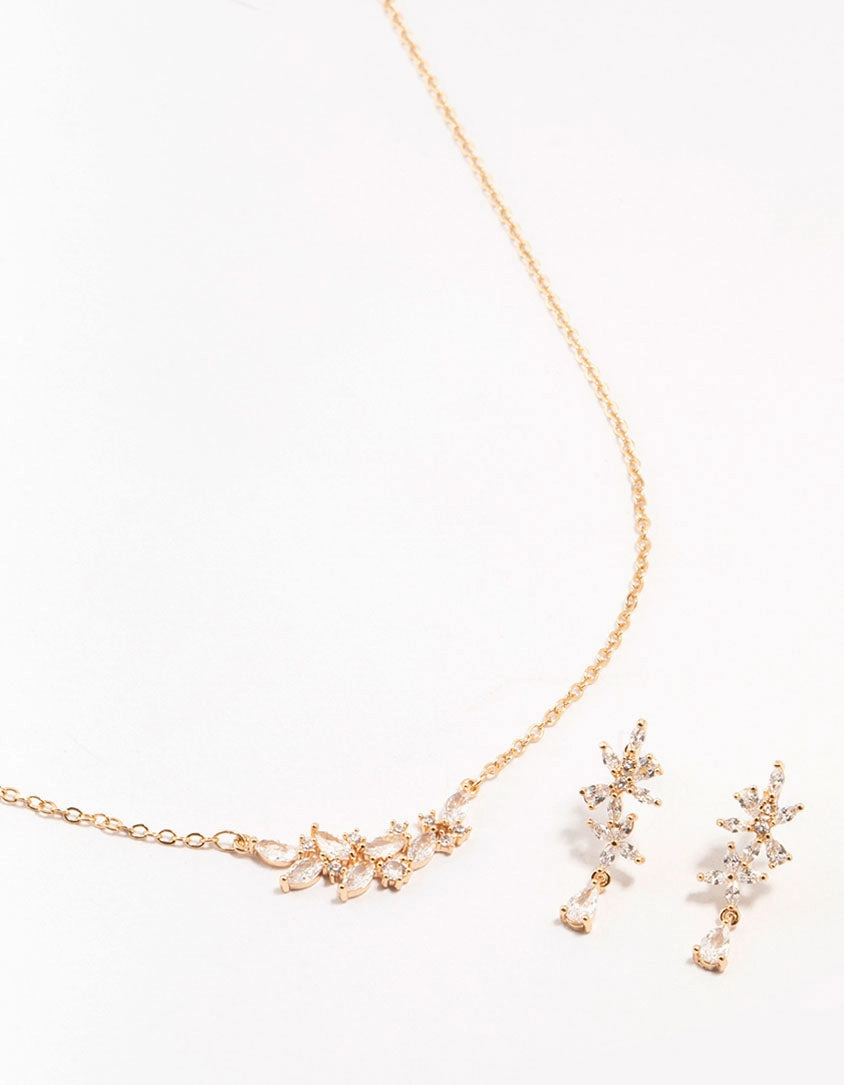 Gold Dainty Sparkle Flower Earrings & Necklace Set Graceful Touch Gleaming Finish