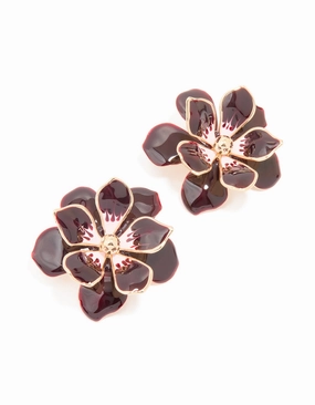 Special Edition Gold Dark Red Flower Enamel Small Stud Earrings