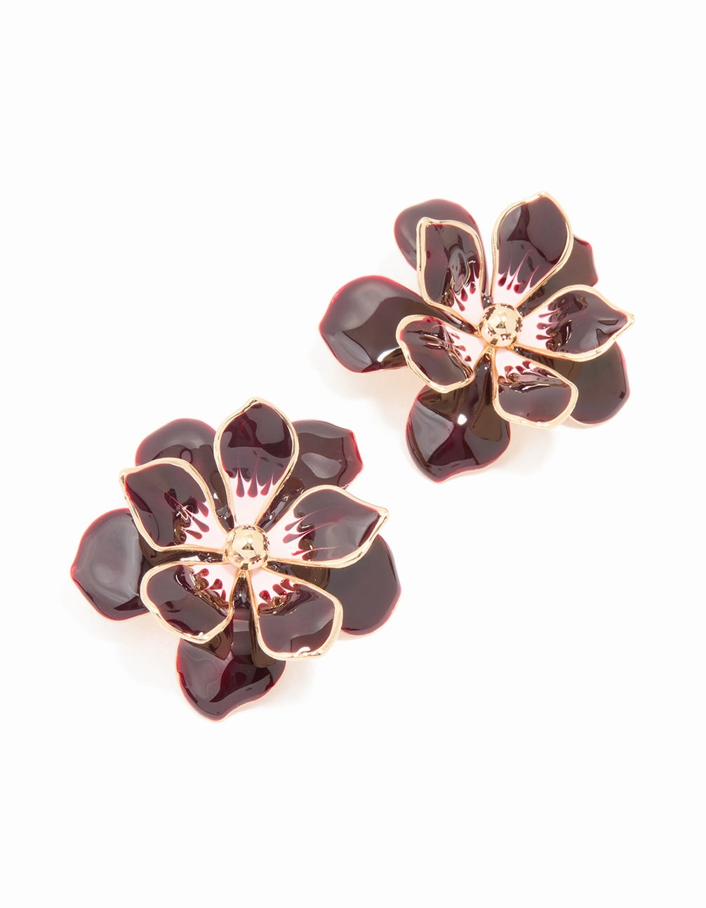 Special Edition Gold Dark Red Flower Enamel Small Stud Earrings