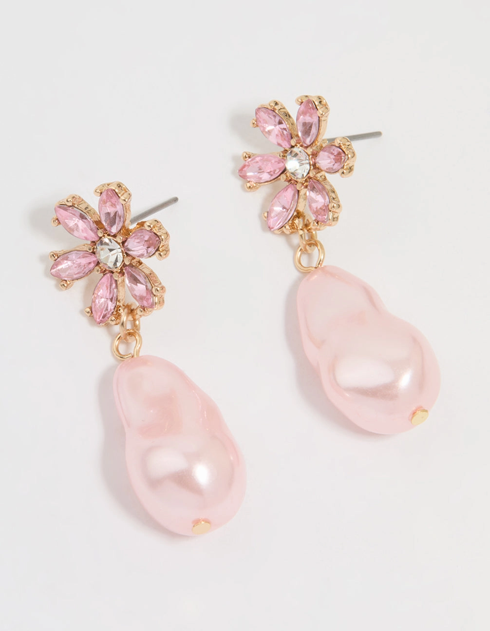 Gold Diamante & Pink Pearl Flower Drop Earrings Subtle Fit Holiday Present