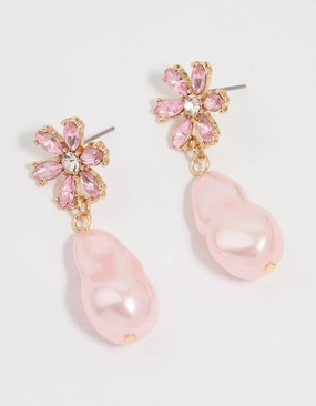 Gold Diamante & Pink Pearl Flower Drop Earrings Trendy Feel
