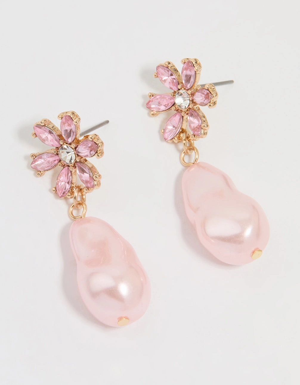 Gold Diamante & Pink Pearl Flower Drop Earrings Trendy Feel