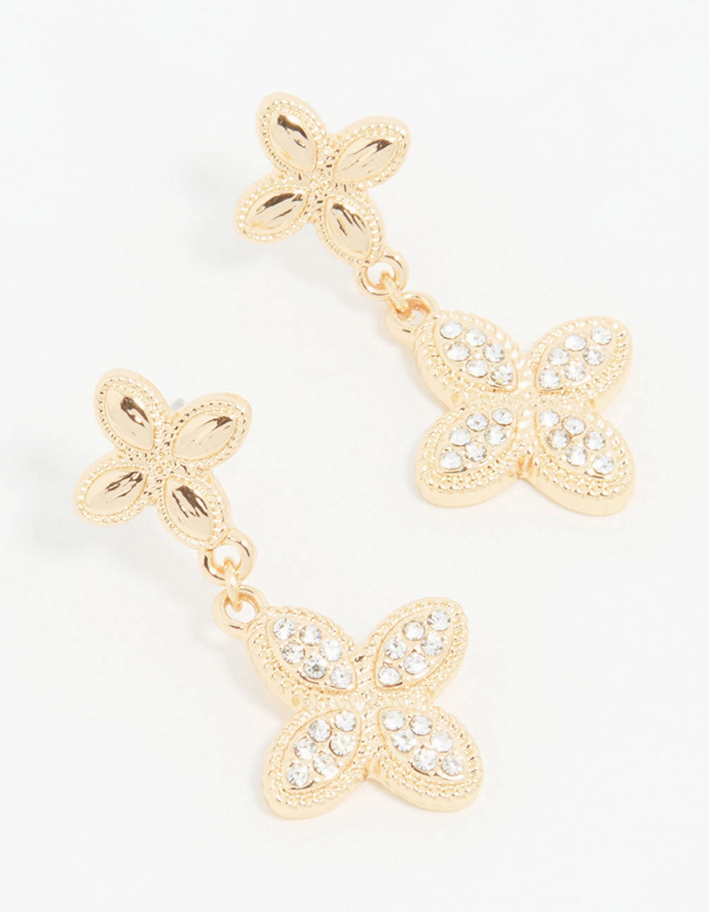 Gold Diamante Double Flower Drop Earrings Delicate Look
