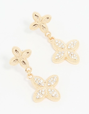 Gold Diamante Double Flower Drop Earrings Delicate Look