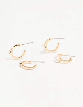 Everyday Layer Trend Focused Gold Diamante Pearl Flower Hoop Earrings 2-Pack