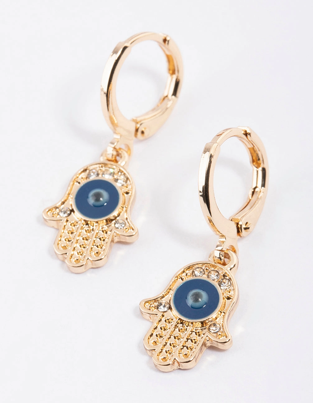 Gold Evil Eye Hand Huggie Earrings Glam Finish Unique Glow