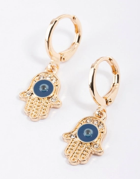 Gold Evil Eye Hand Huggie Earrings Glam Finish Unique Glow
