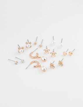 Gold Flower Pearl Earring 8-Pack Natural Look Creative Twist