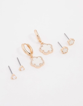 Exquisite Stones Fashion Treasures Gold Pearl Flower Classic Earrings 3-Pack