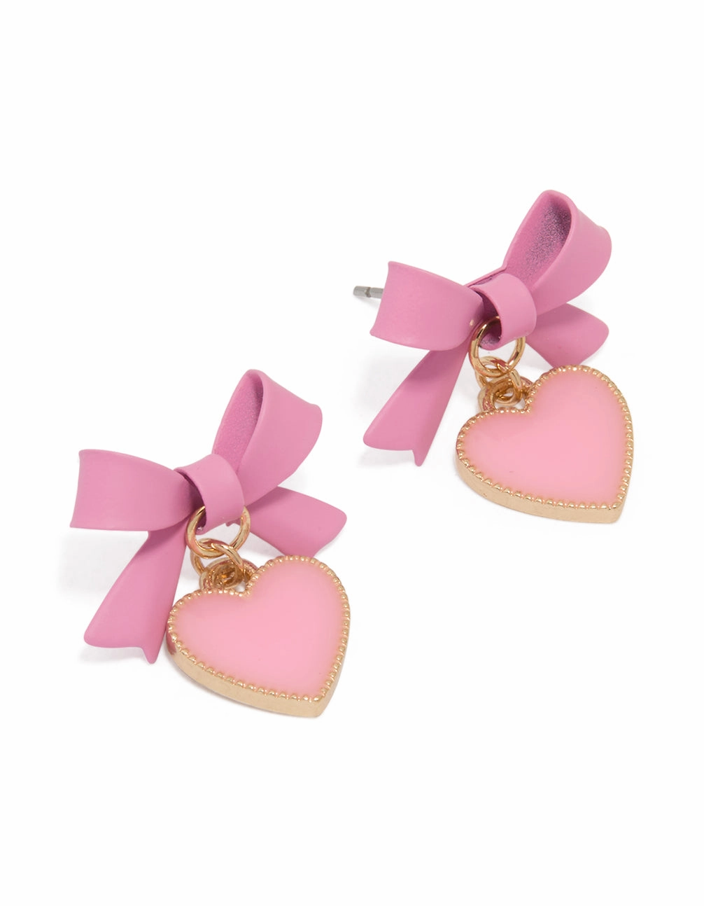 Casual Outfit Ornate Edge Gold Pink Coated Metal Bow Drop Heart Stud Earrings