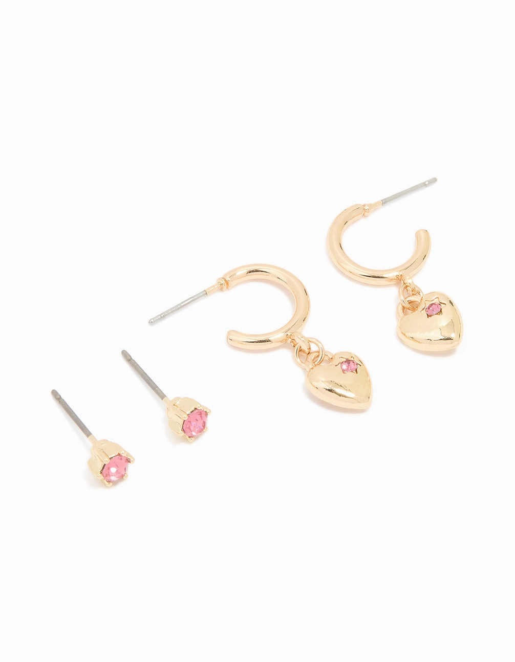 Gold Pink Diamante Heart Huggie & Stud Earrings 2-Pack Minimalist Charm