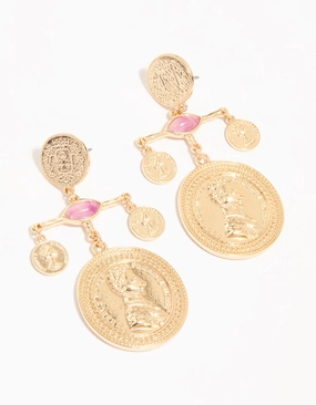 Gold Pink Marble & Coin Mobile Drop Earrings Clean Vibe