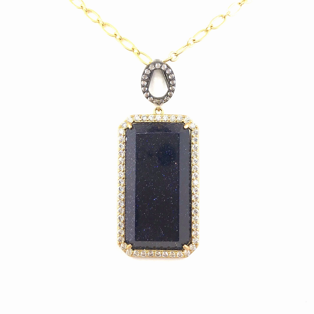 Shine In Light Gold Plated Blue Sandstone Rectangle Pendant Necklace