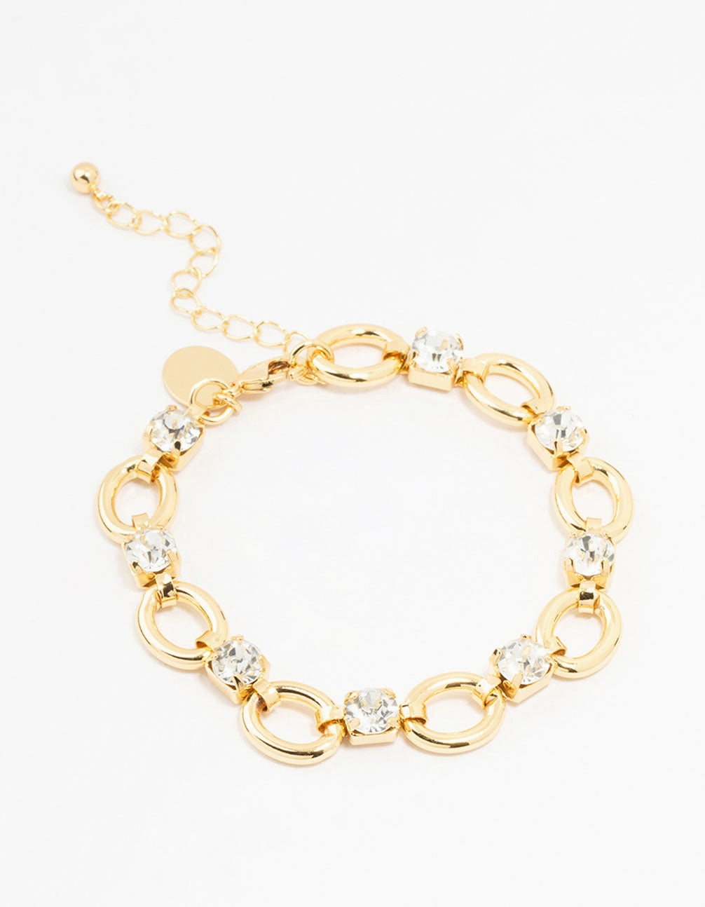 Embossed Logos Gold Plated Brass Alternating Oval & Crystal Bracelet