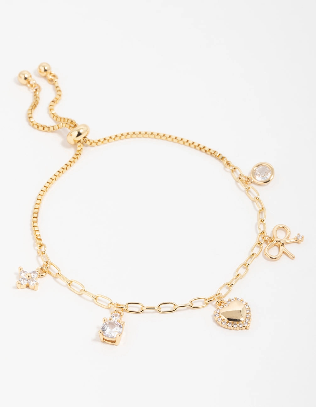 Gold Plated Brass Cubic Zirconia Heart & Bow Charm Toggle Bracelet Delightful Combinations