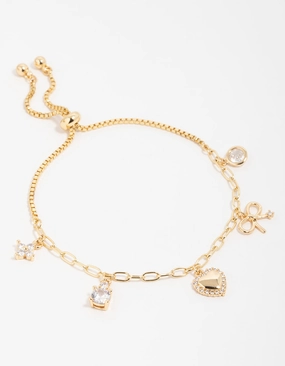 Gold Plated Brass Cubic Zirconia Heart & Bow Charm Toggle Bracelet Elegant Feel Luxury Outfit