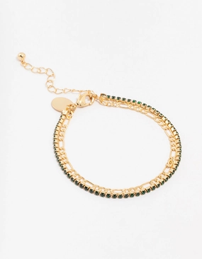 Gold Plated Brass Double Chain & Crystal Bracelet Simple View Endless Sight