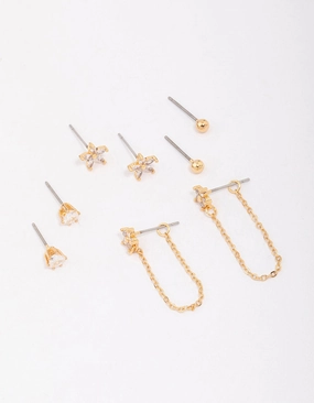 Sun Kissed Gold Plated Brass Heart & Flower Chain Earring 4-Pack