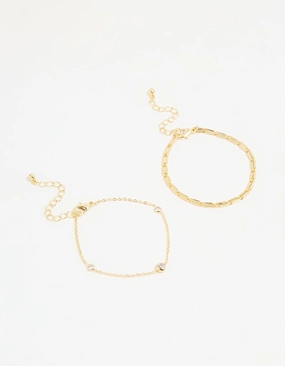 Numerous Choices Gold Plated Cubic Zirconia & Chain Bracelets 2-Pack