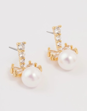 Night Spark Pretty Pair Gold Plated Cubic Zirconia & Pearl Bow Drop Earrings