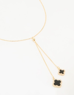 Romantic Fashion Gold Plated Cubic Zirconia Black Outline Flower Y-Necklace