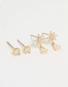 Gold Plated Cubic Zirconia Classic & Flower Teardrop Earrings 2-Pack Flawless Glow Shine And Style