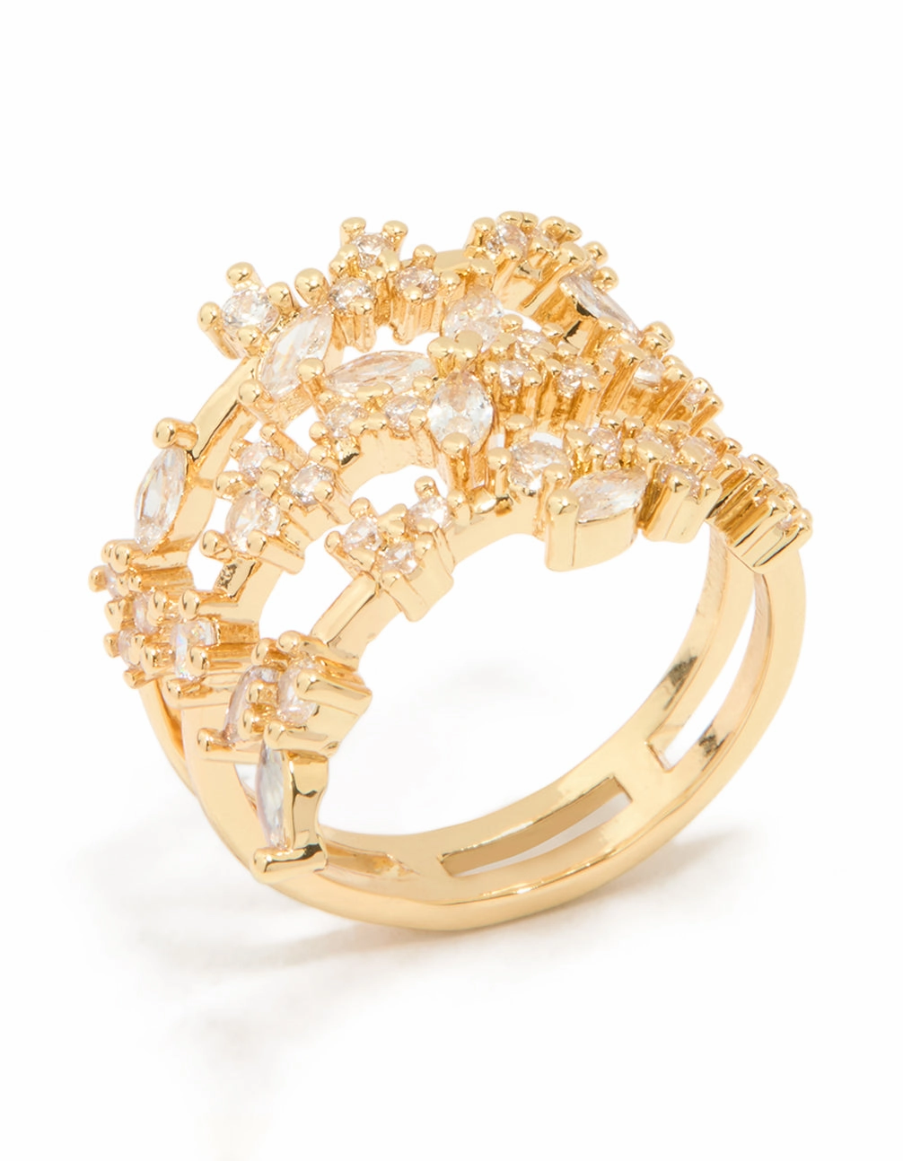 Gold Plated Cubic Zirconia Flower Triple Layer Ring Layered Design Work Outfit