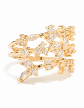 Shiny Texture Elegant Features Gold Plated Cubic Zirconia Flower Triple Layer Ring