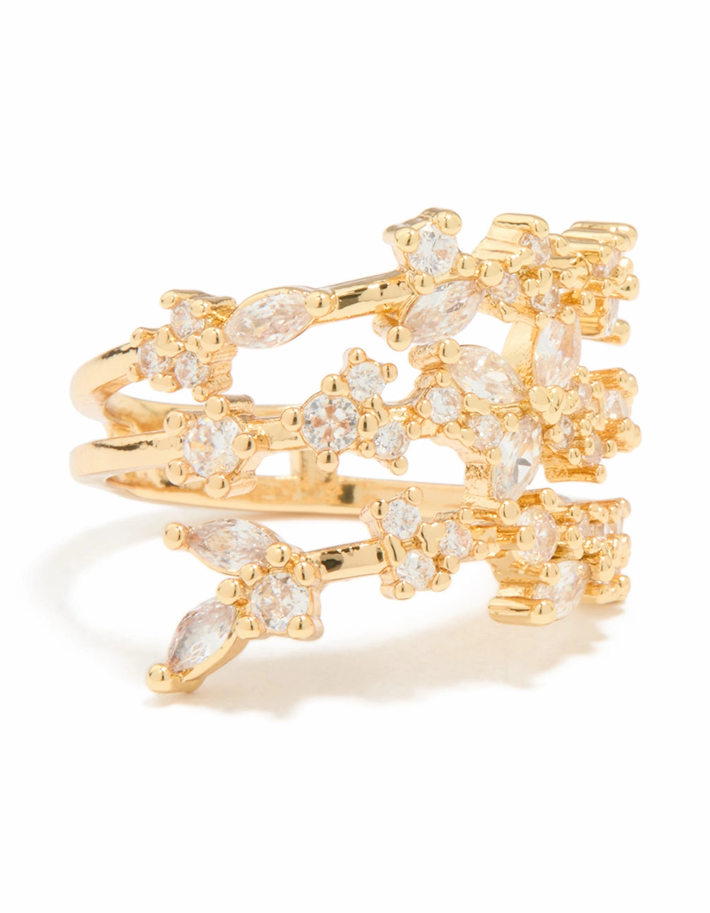 Shiny Texture Elegant Features Gold Plated Cubic Zirconia Flower Triple Layer Ring