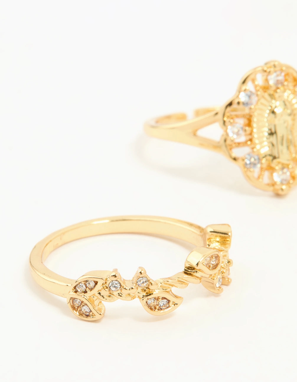 Gold Plated Cubic Zirconia Mary & Floral Rings 2-Pack Opulent Finish Sweet Spark