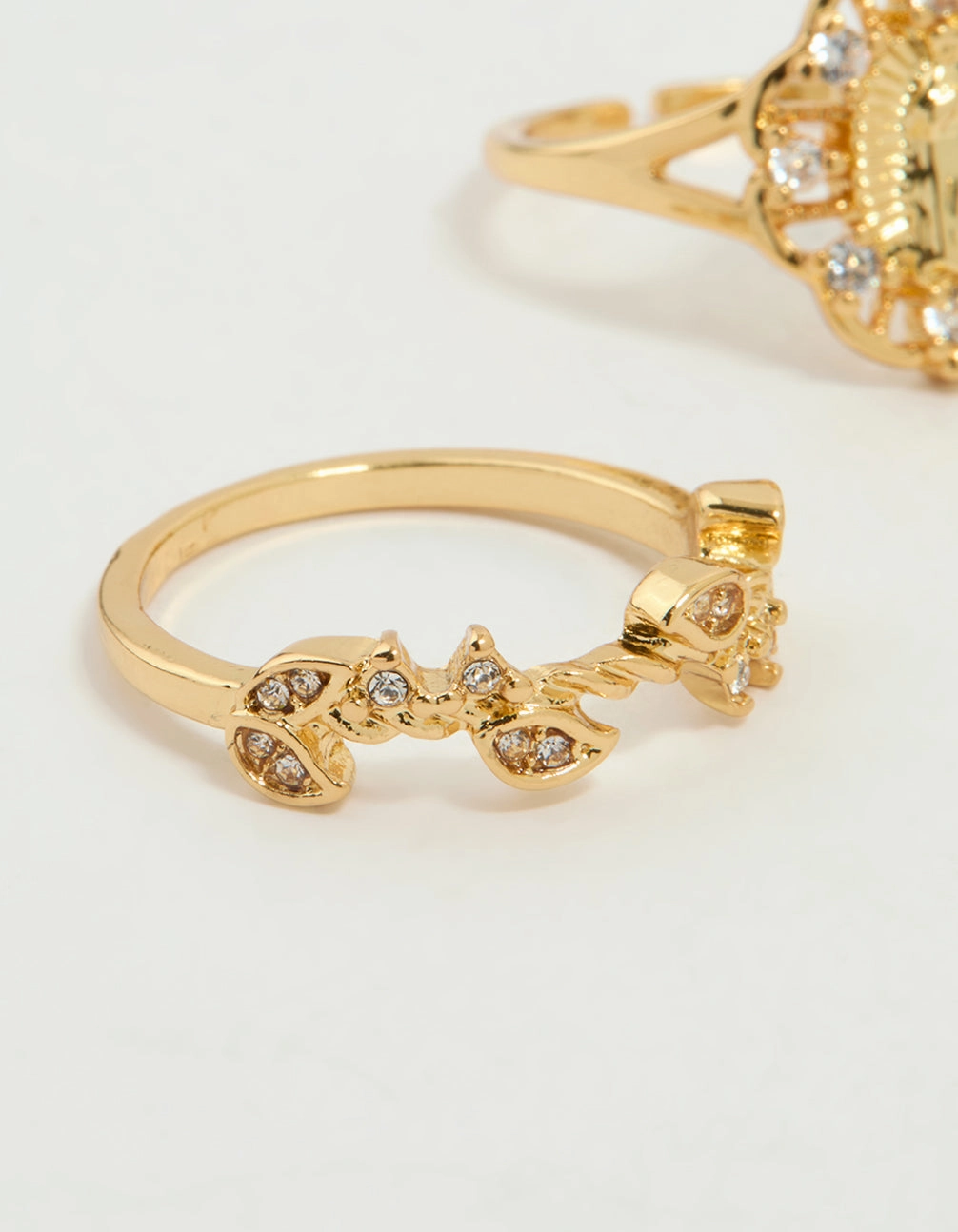 Gold Plated Cubic Zirconia Mary & Floral Rings 2-Pack Elegant Details