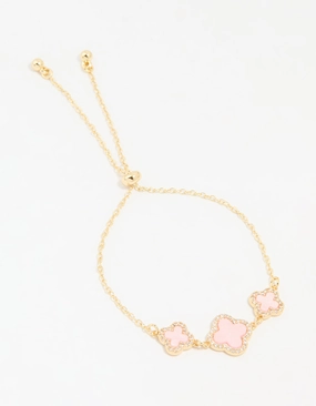Glamorous Mood Gold Plated Cubic Zirconia Pink Triple Flower Outline Toggle Bracelet