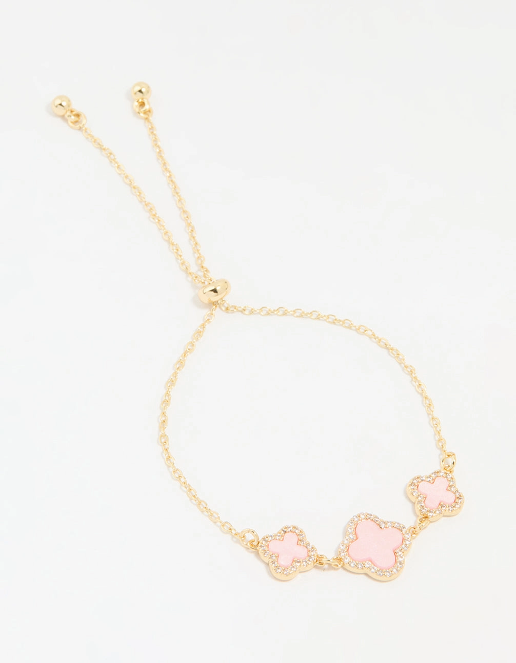 Romantic Spark Gold Plated Cubic Zirconia Pink Triple Flower Outline Toggle Bracelet